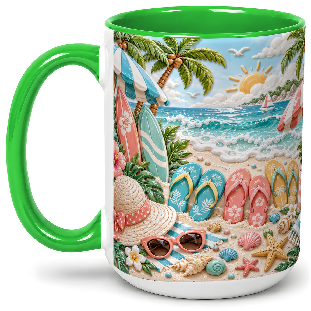 #pl[15oz|Green] Tropical Beach Ceramic Mug, Surfboards and Flip Flops Art