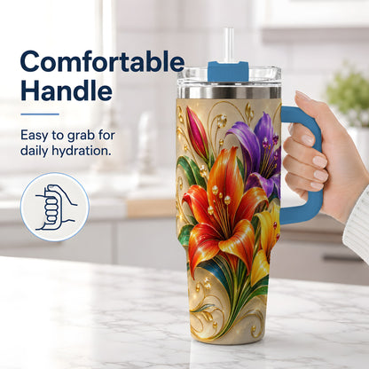 #pl[40oz|Blue] Colorful Lily 40oz Tumbler, Botanical Floral Design with Gold Accents