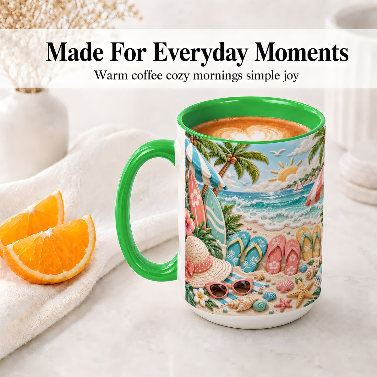 #pl[15oz|Green] Tropical Beach Ceramic Mug, Surfboards and Flip Flops Art