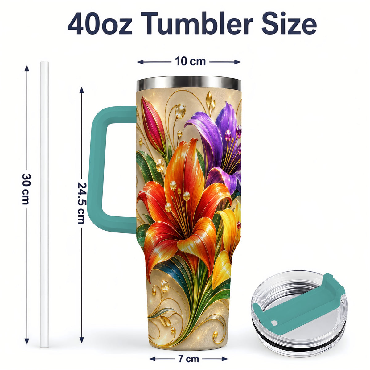 #pl[40oz|Green] Colorful Lily 40oz Tumbler, Botanical Floral Design with Gold Accents