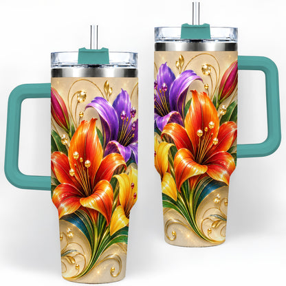 #pl[40oz|Green] Colorful Lily 40oz Tumbler, Botanical Floral Design with Gold Accents