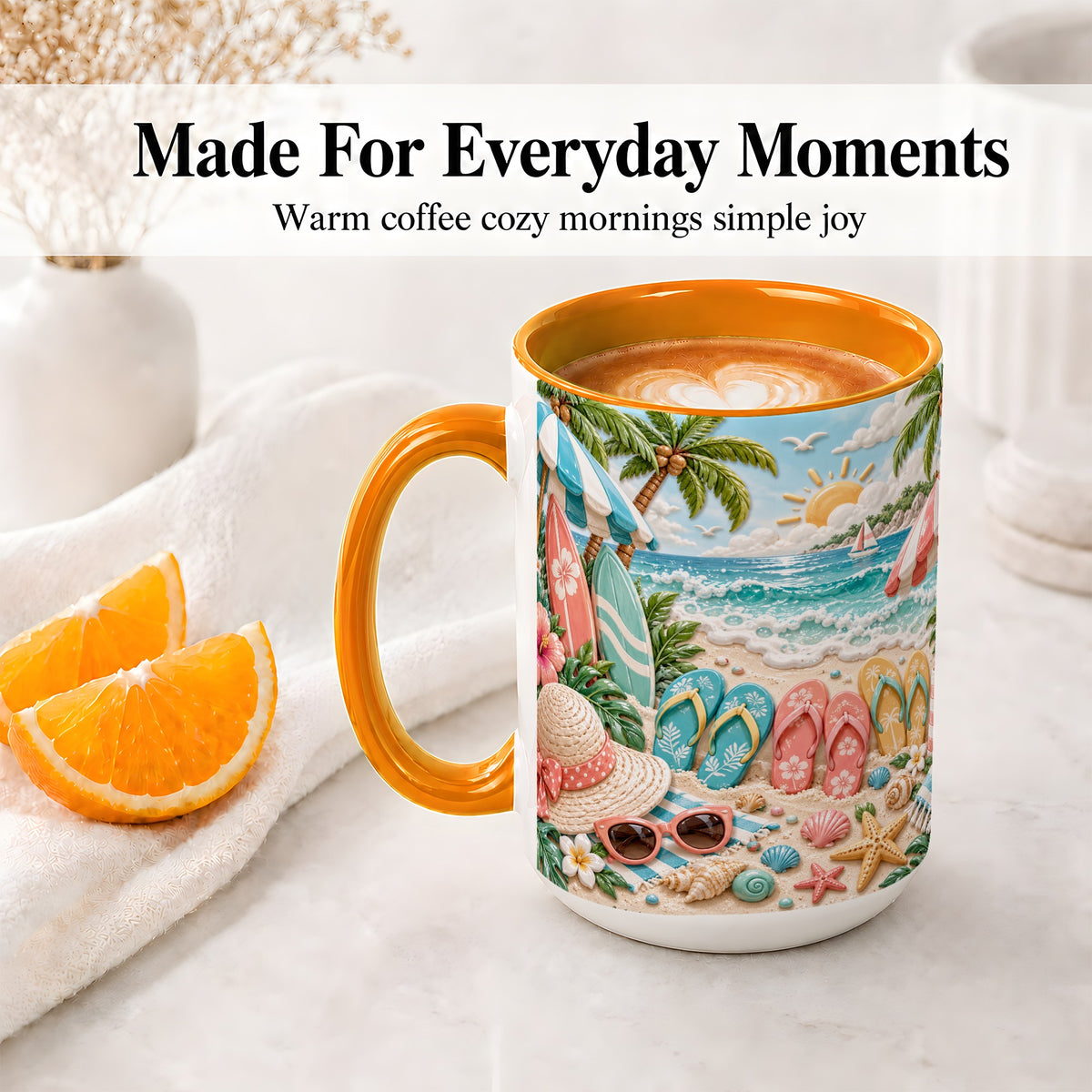 #pl[15oz|Orange] Tropical Beach Ceramic Mug, Surfboards and Flip Flops Art