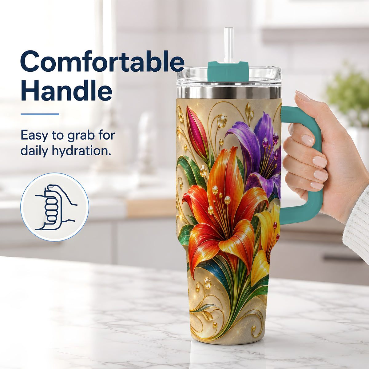 #pl[40oz|Green] Colorful Lily 40oz Tumbler, Botanical Floral Design with Gold Accents