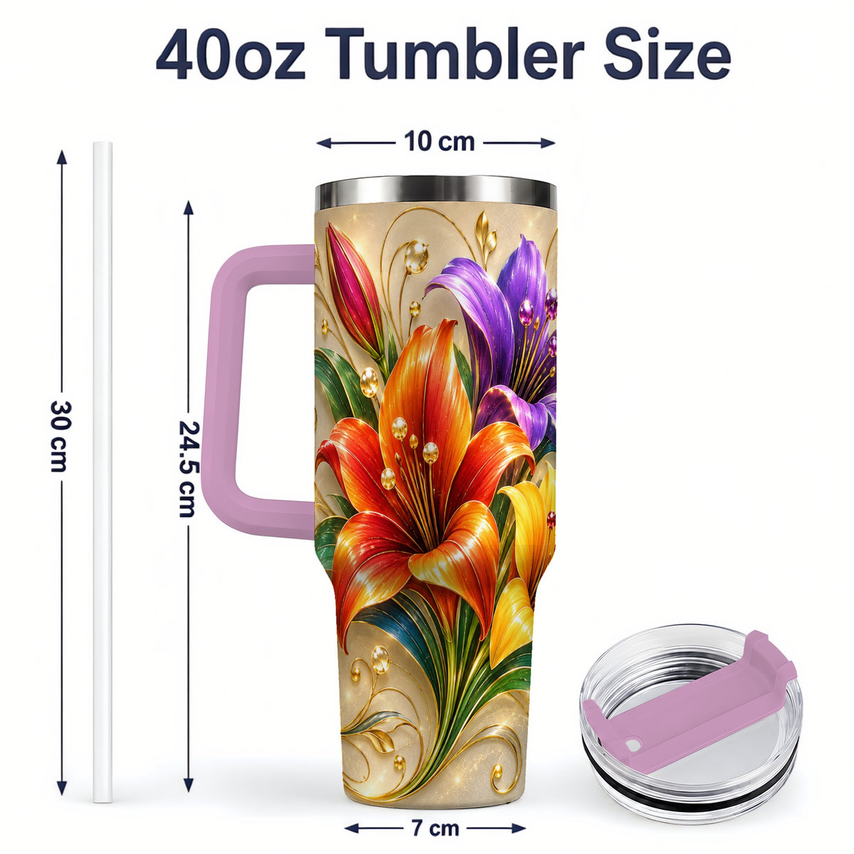 #pl[40oz|Pink] Colorful Lily 40oz Tumbler, Botanical Floral Design with Gold Accents