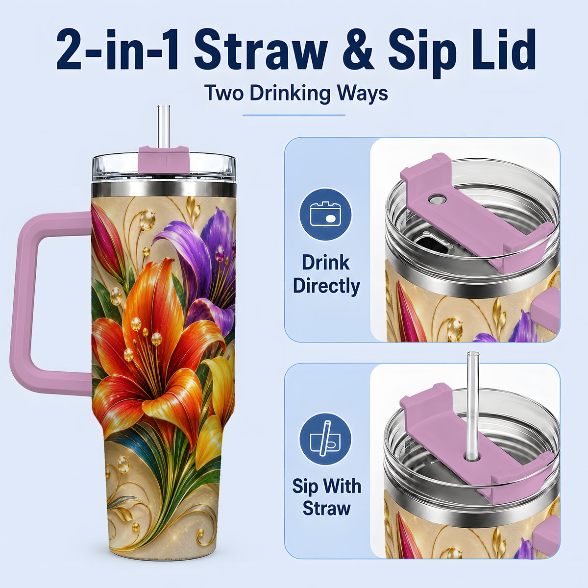 #pl[40oz|Pink] Colorful Lily 40oz Tumbler, Botanical Floral Design with Gold Accents