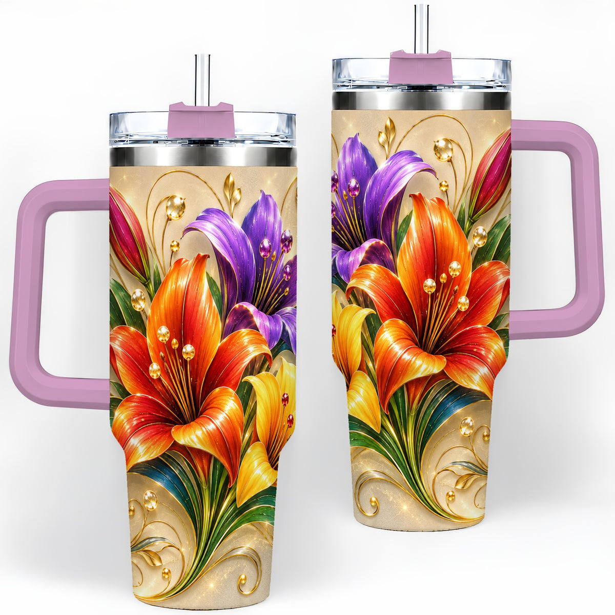 #pl[40oz|Pink] Colorful Lily 40oz Tumbler, Botanical Floral Design with Gold Accents