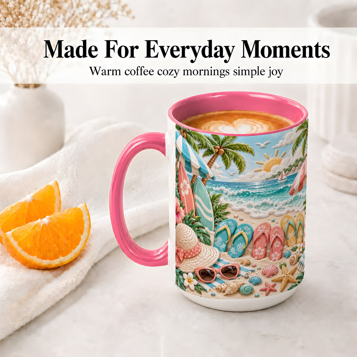 #pl[15oz|Pink] Tropical Beach Ceramic Mug, Surfboards and Flip Flops Art