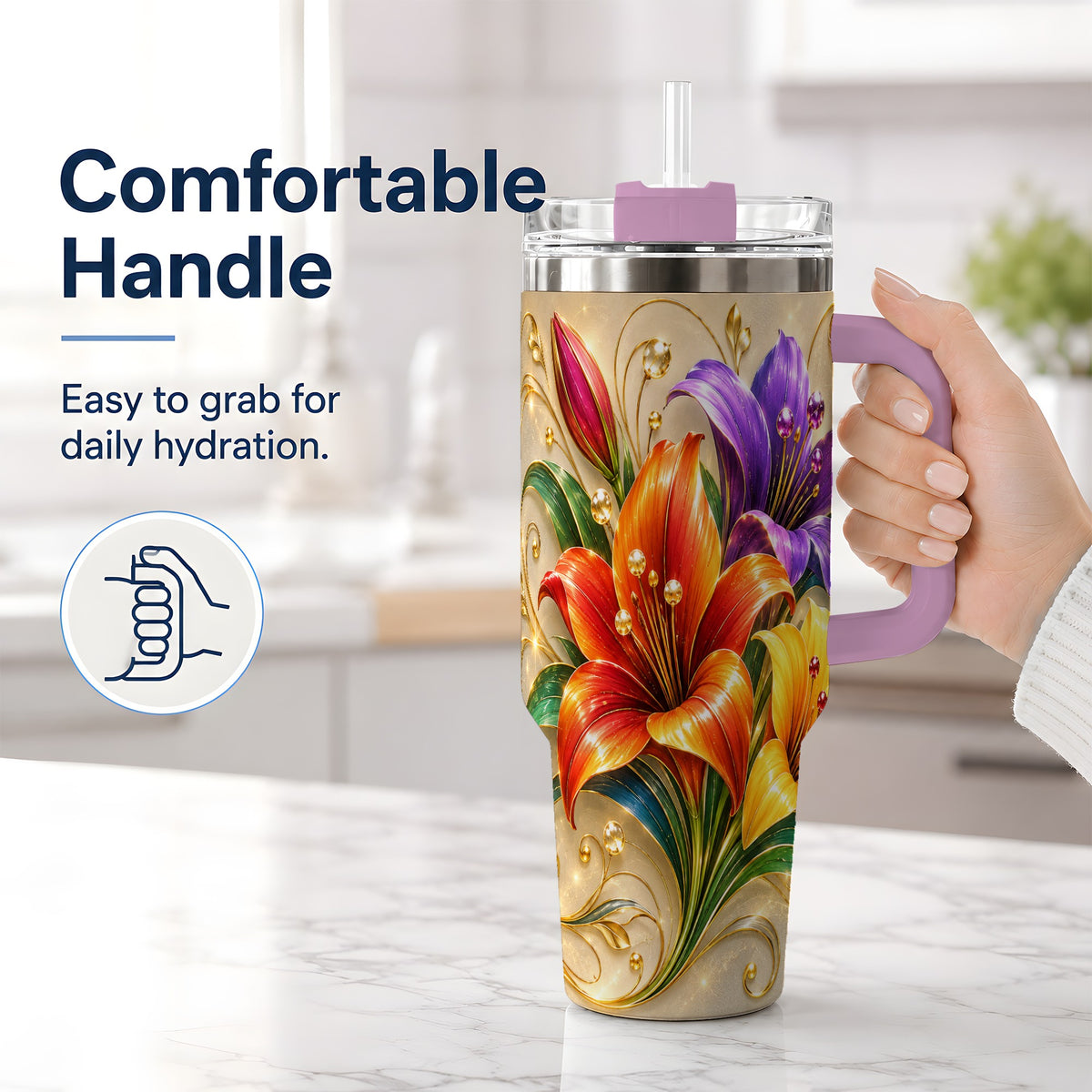 #pl[40oz|Pink] Colorful Lily 40oz Tumbler, Botanical Floral Design with Gold Accents