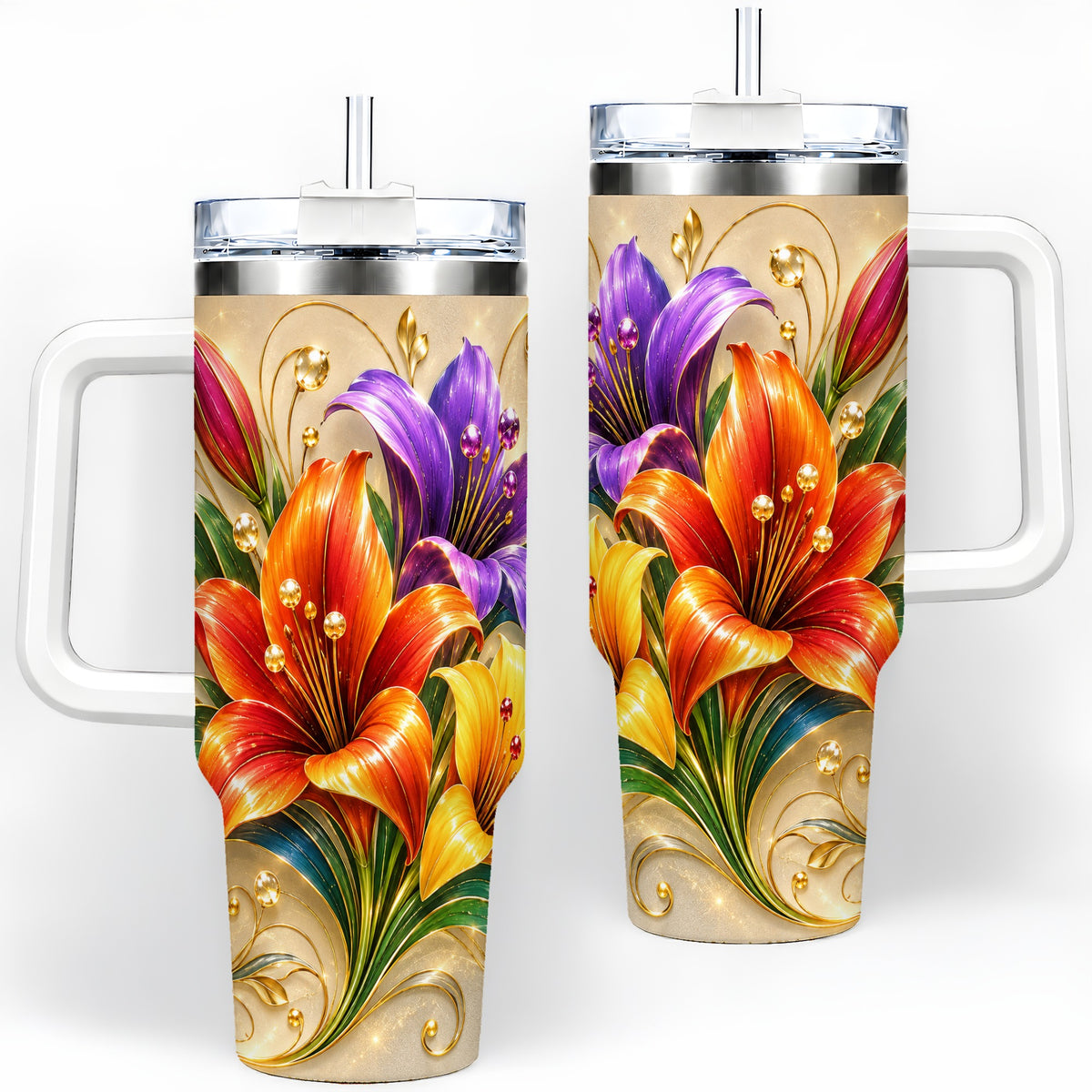 Colorful Lily 40oz Tumbler, Botanical Floral Design with Gold Accents