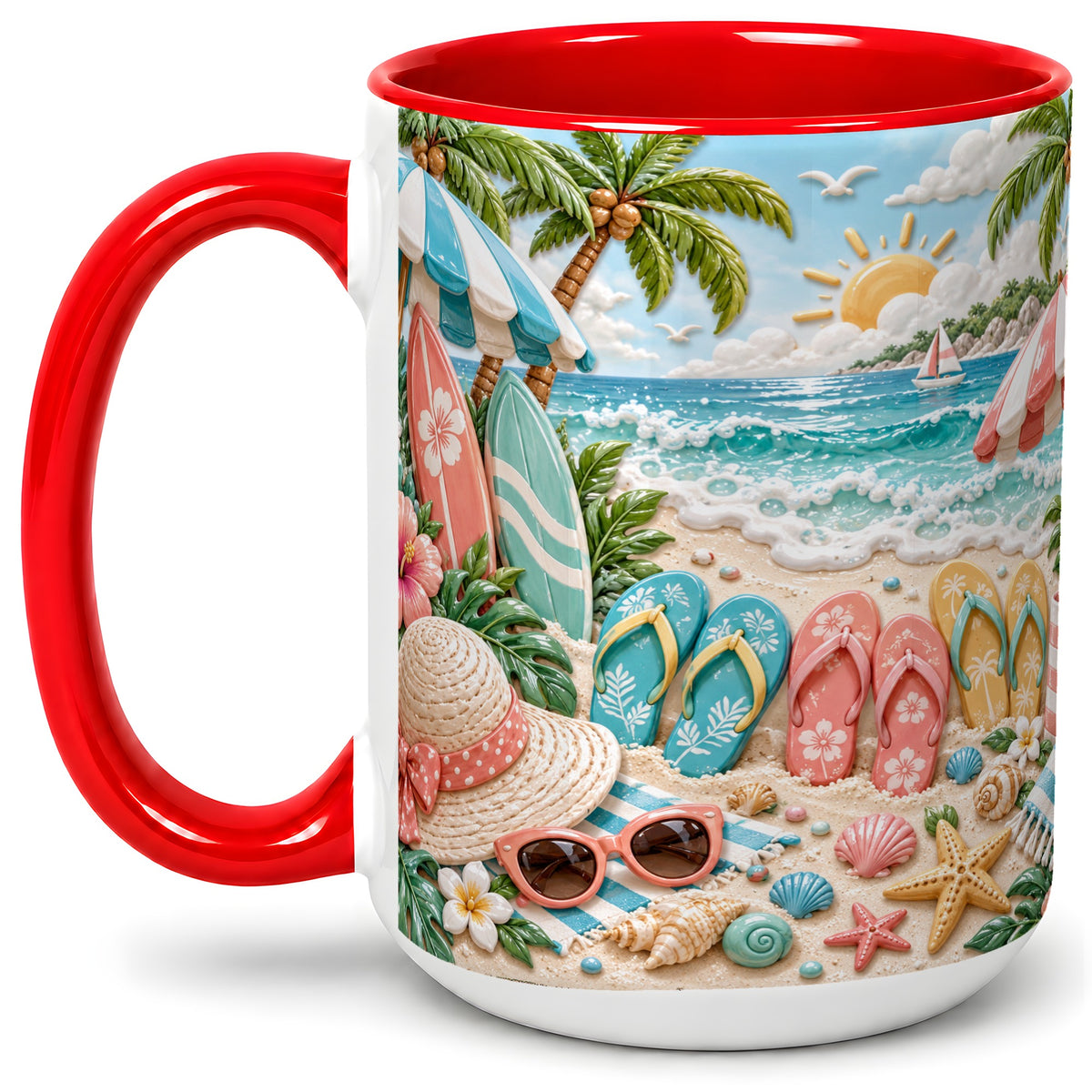 #pl[15oz|Red] Tropical Beach Ceramic Mug, Surfboards and Flip Flops Art