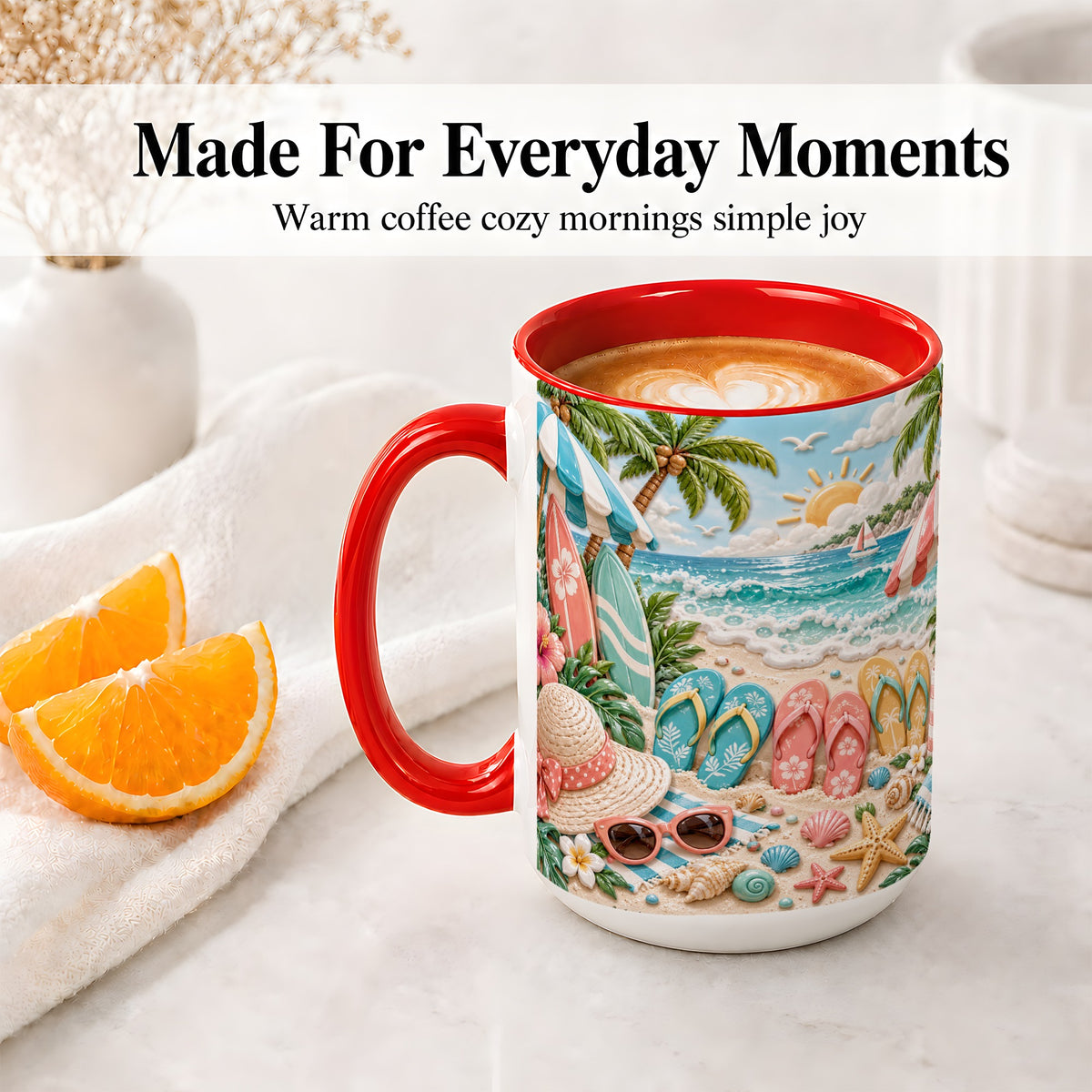 #pl[15oz|Red] Tropical Beach Ceramic Mug, Surfboards and Flip Flops Art