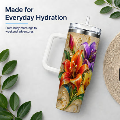 Colorful Lily 40oz Tumbler, Botanical Floral Design with Gold Accents