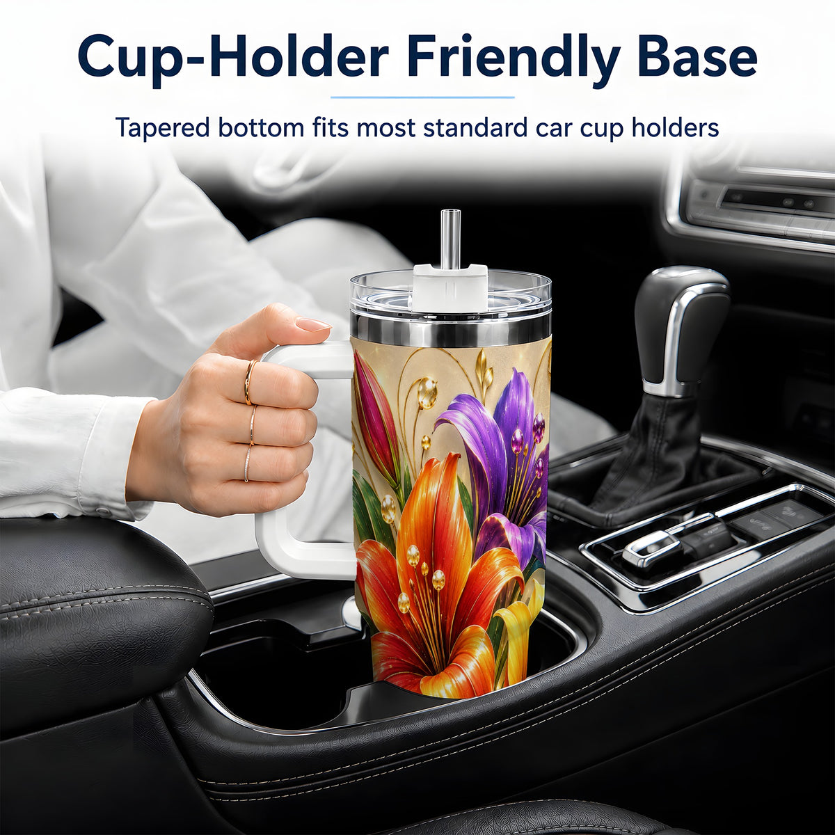 Colorful Lily 40oz Tumbler, Botanical Floral Design with Gold Accents
