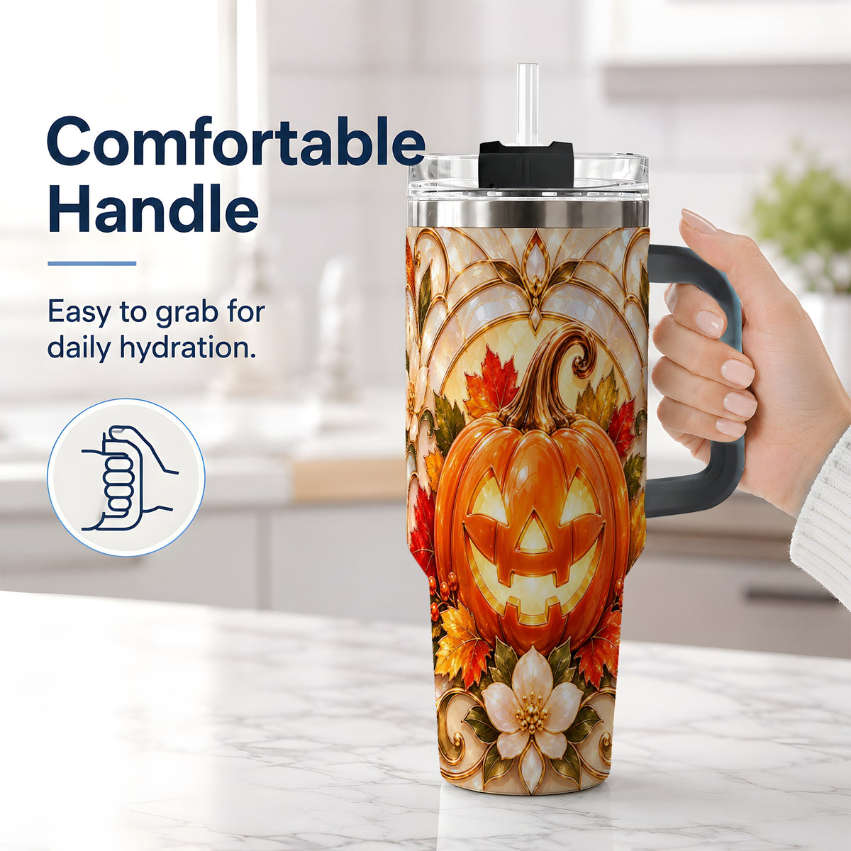 #pl[40oz|Black] Halloween Pumpkin 40oz Tumbler, Jack O Lantern Autumn Design
