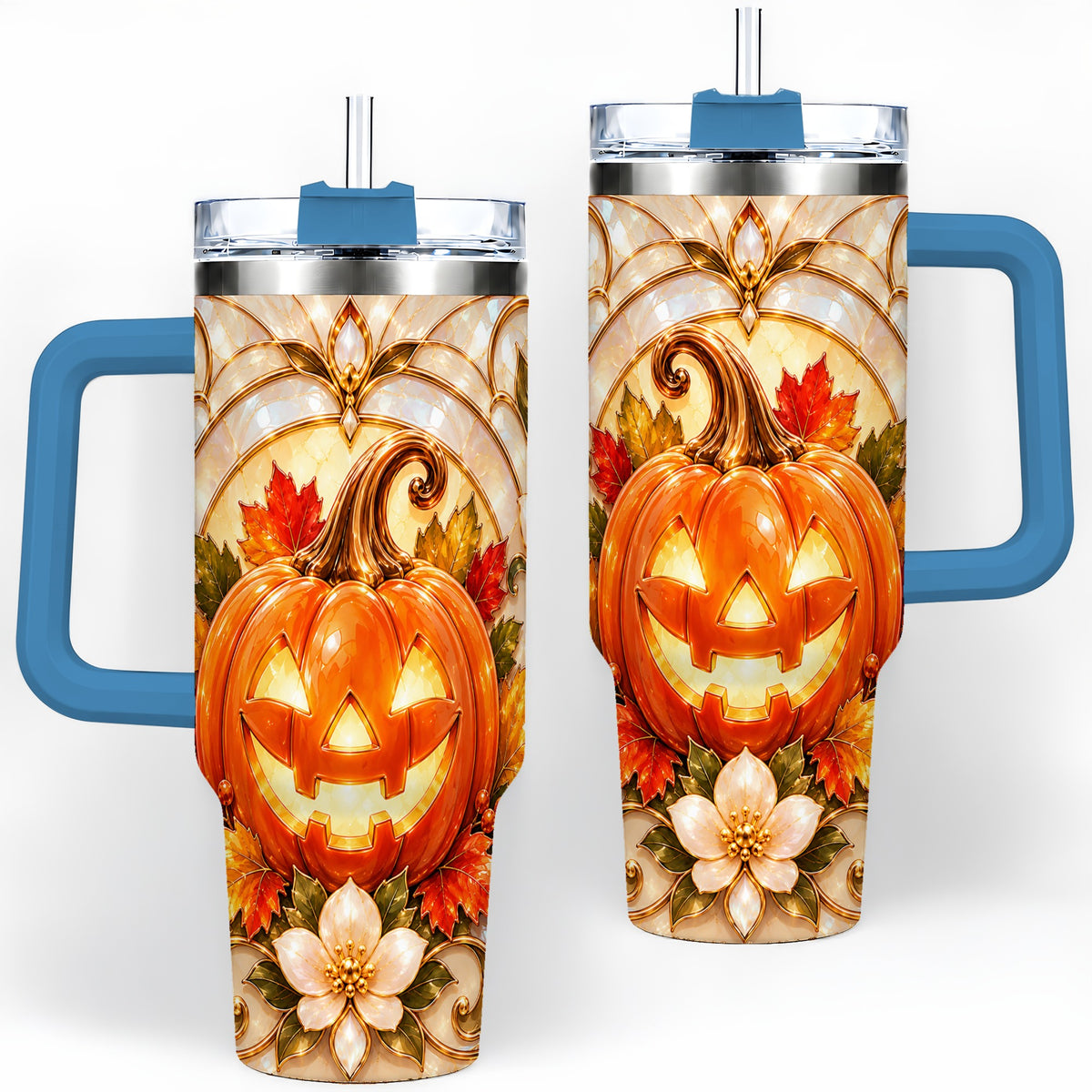 #pl[40oz|Blue] Halloween Pumpkin 40oz Tumbler, Jack O Lantern Autumn Design