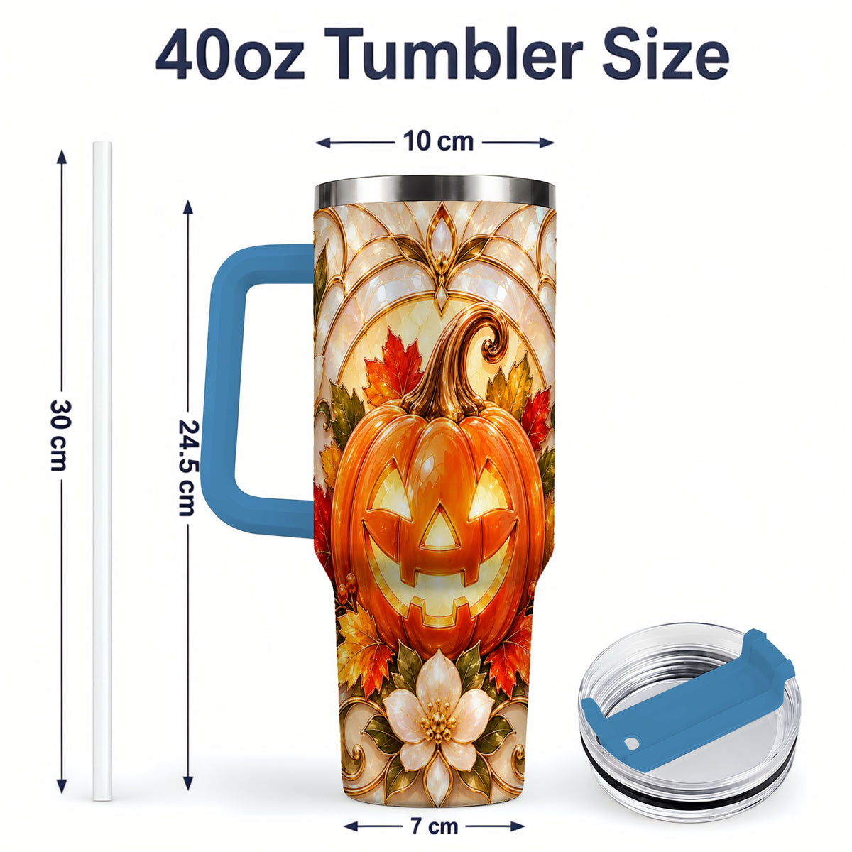 #pl[40oz|Blue] Halloween Pumpkin 40oz Tumbler, Jack O Lantern Autumn Design