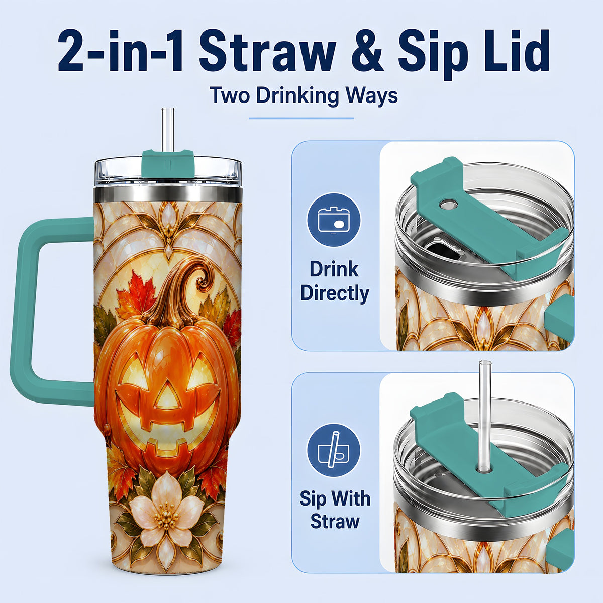 #pl[40oz|Green] Halloween Pumpkin 40oz Tumbler, Jack O Lantern Autumn Design