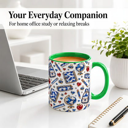 #pl[11oz|Green] School Supplies Pattern Ceramic Mug, Colorful Classroom Artwork