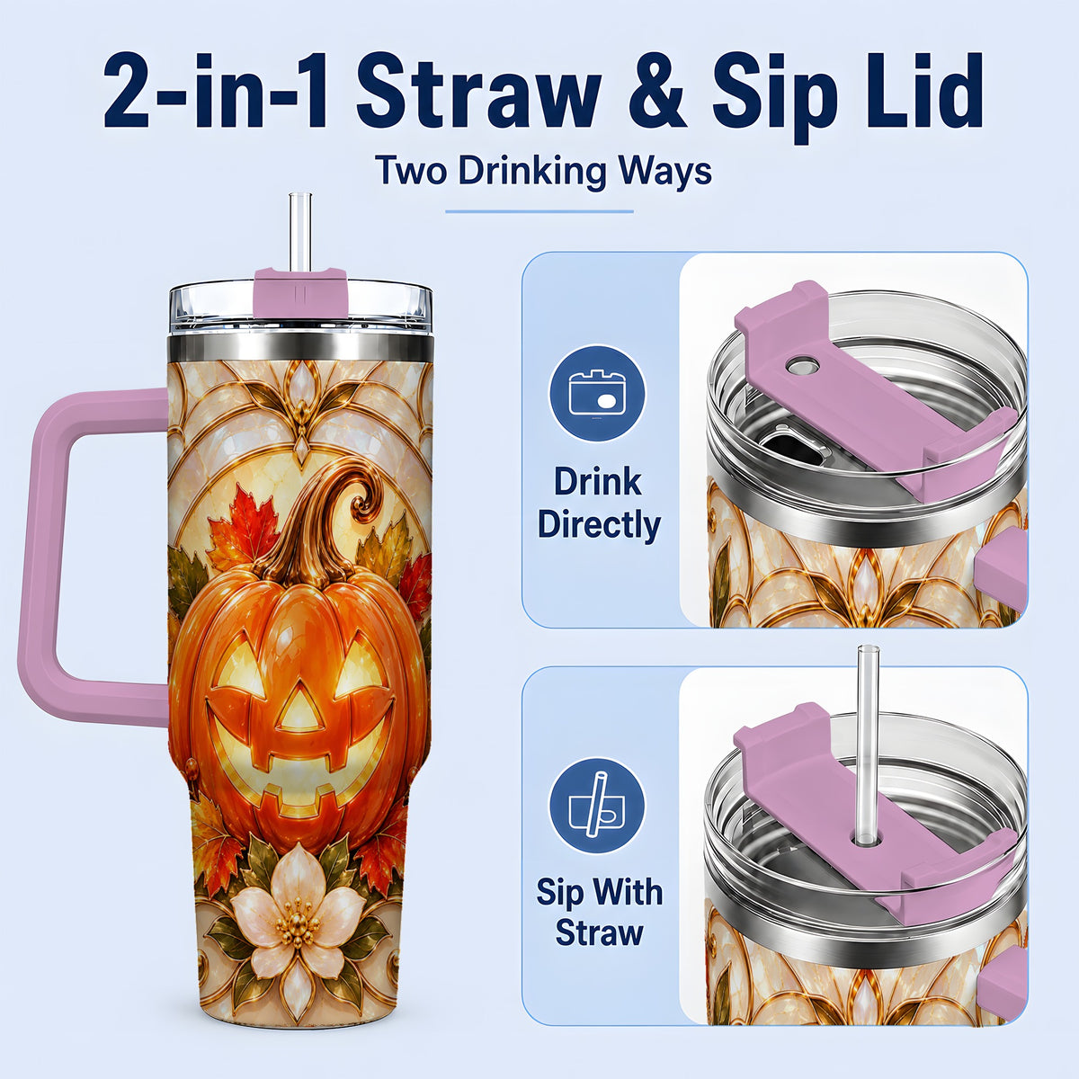 #pl[40oz|Pink] Halloween Pumpkin 40oz Tumbler, Jack O Lantern Autumn Design