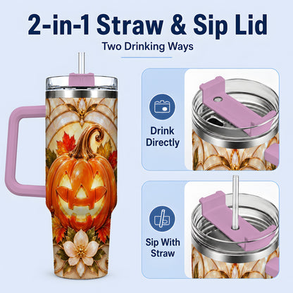 #pl[40oz|Pink] Halloween Pumpkin 40oz Tumbler, Jack O Lantern Autumn Design