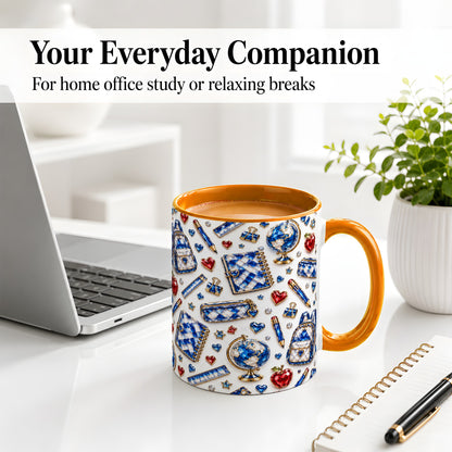 #pl[11oz|Orange] School Supplies Pattern Ceramic Mug, Colorful Classroom Artwork