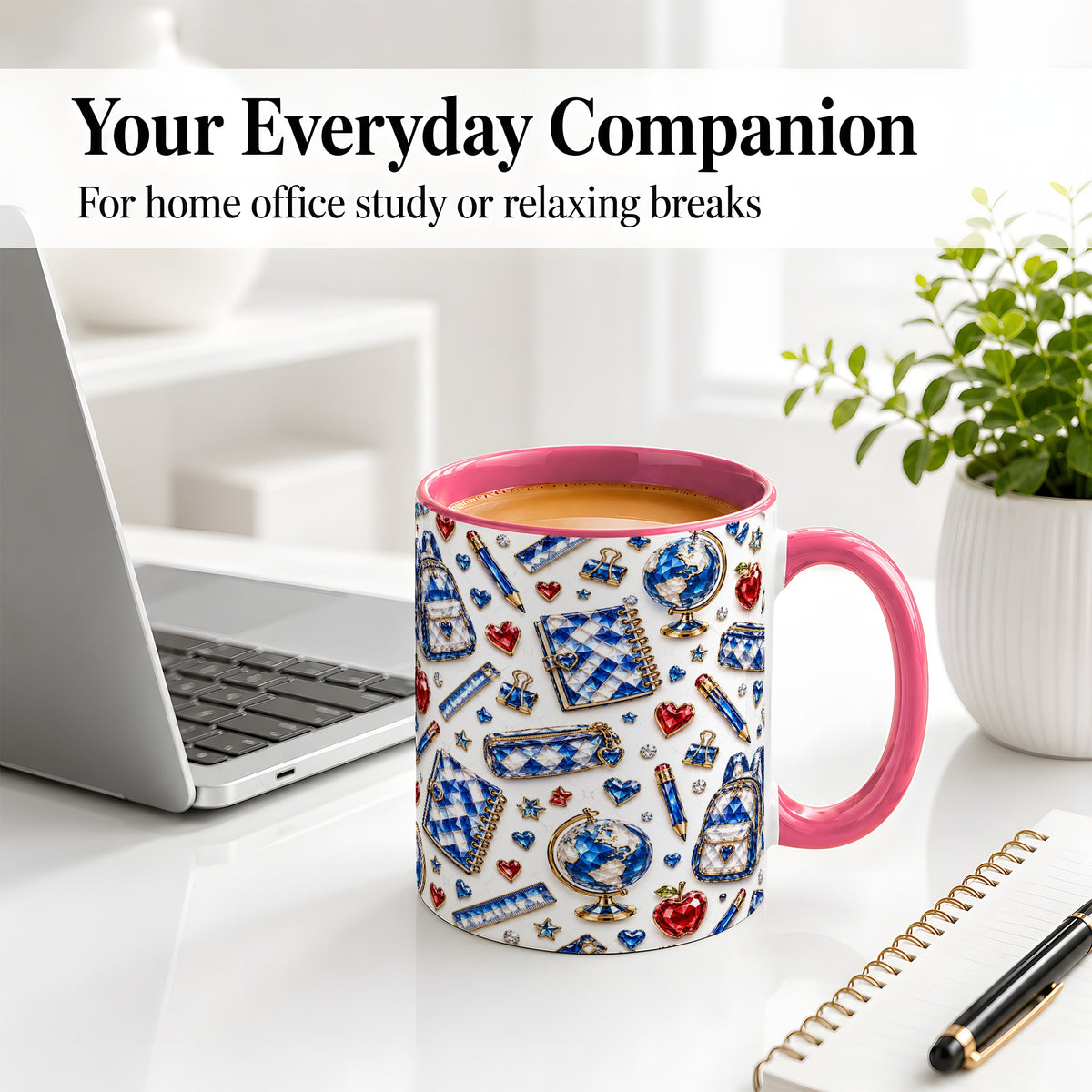#pl[11oz|Pink] School Supplies Pattern Ceramic Mug, Colorful Classroom Artwork