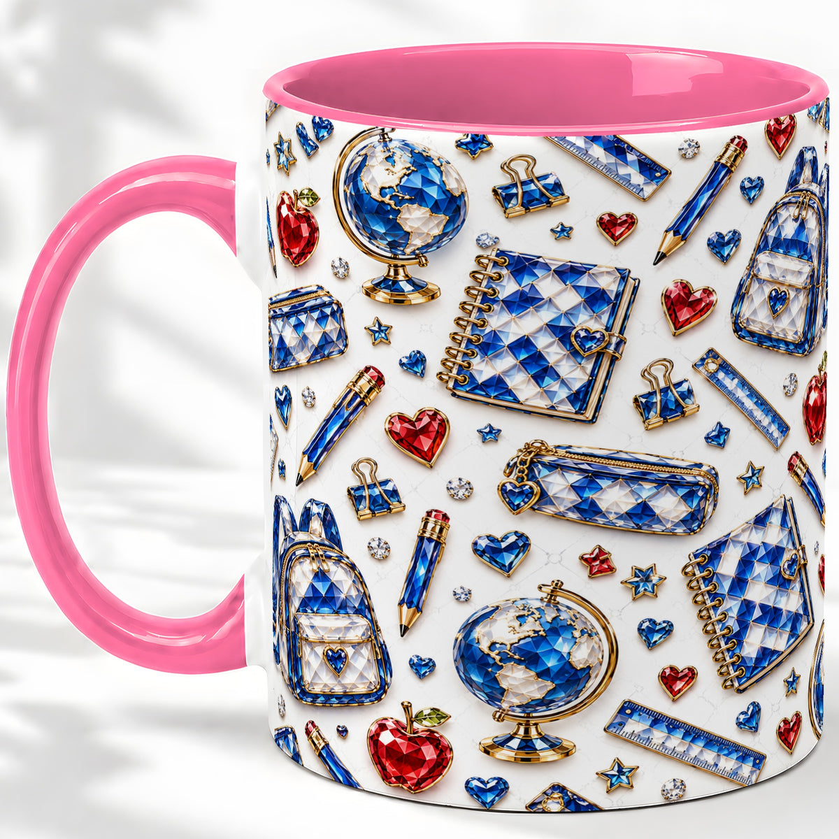 #pl[11oz|Pink] School Supplies Pattern Ceramic Mug, Colorful Classroom Artwork