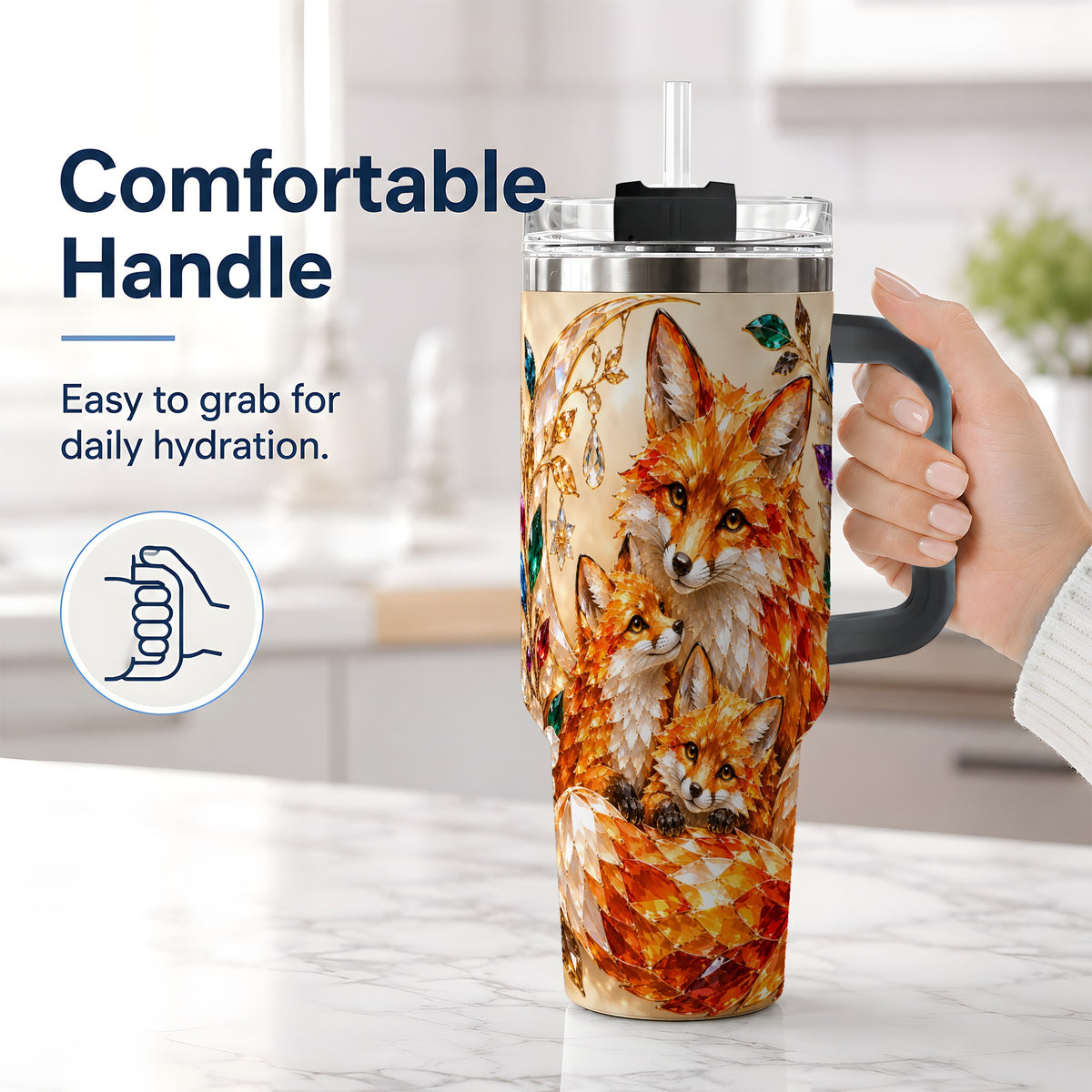 #pl[40oz|Black] Fox Family 40oz Tumbler, Colorful Woodland Crystal Style Artwork