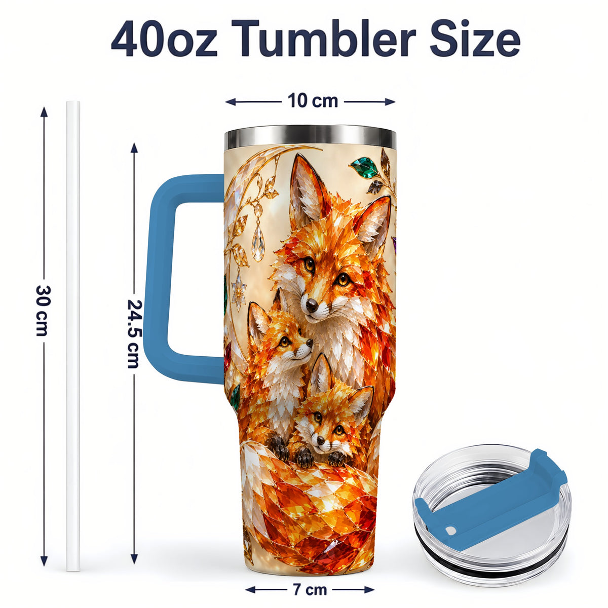 #pl[40oz|Blue] Fox Family 40oz Tumbler, Colorful Woodland Crystal Style Artwork