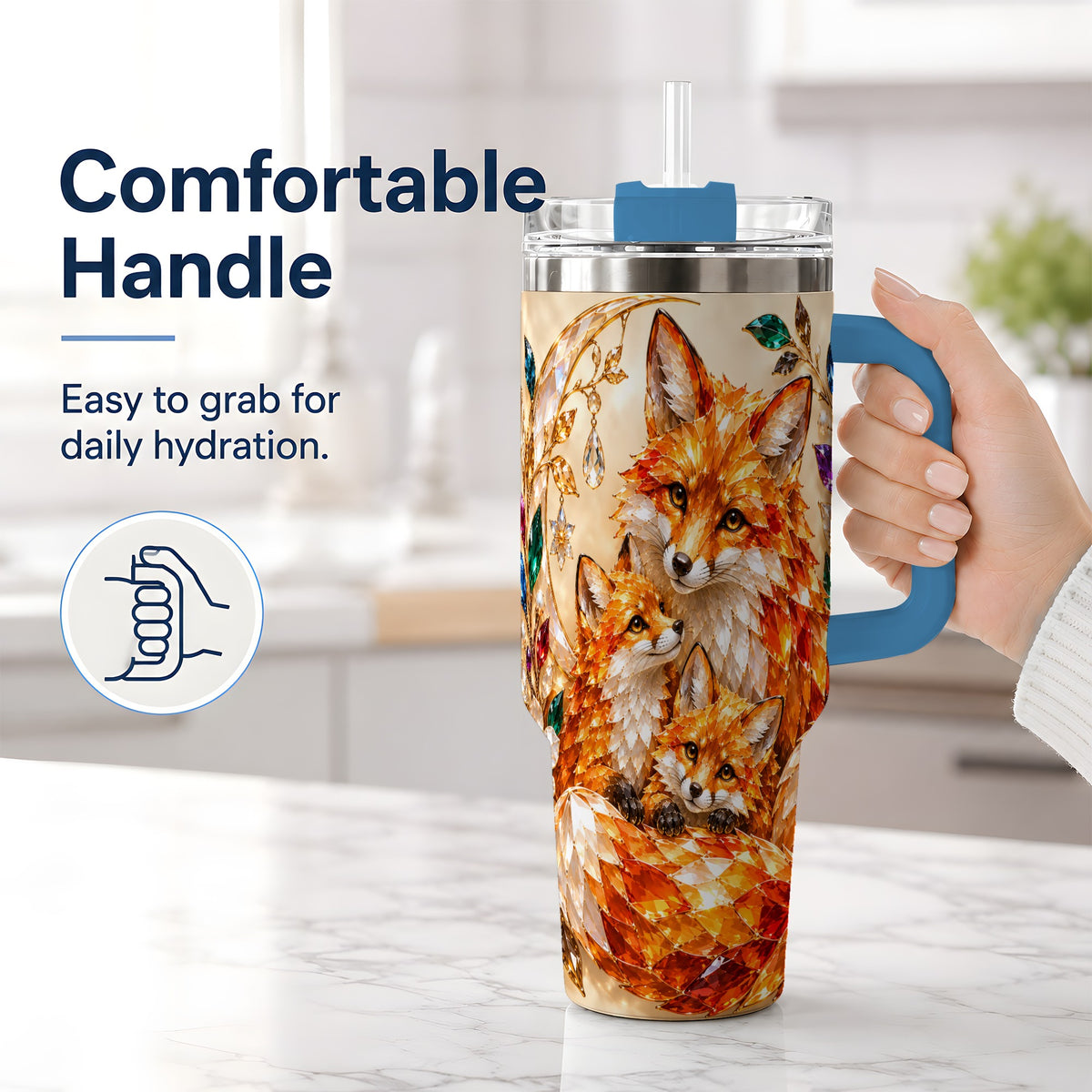 #pl[40oz|Blue] Fox Family 40oz Tumbler, Colorful Woodland Crystal Style Artwork