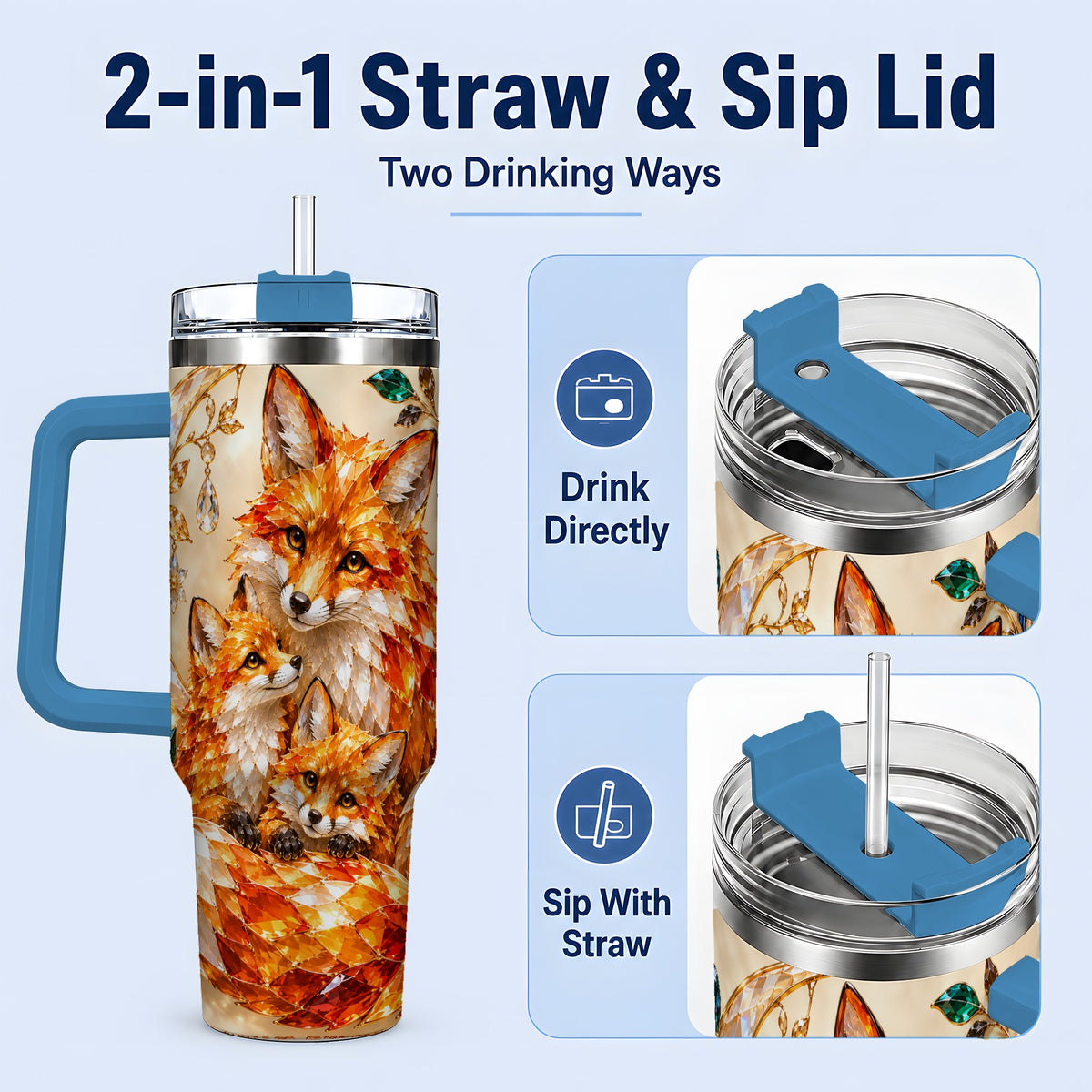 #pl[40oz|Blue] Fox Family 40oz Tumbler, Colorful Woodland Crystal Style Artwork