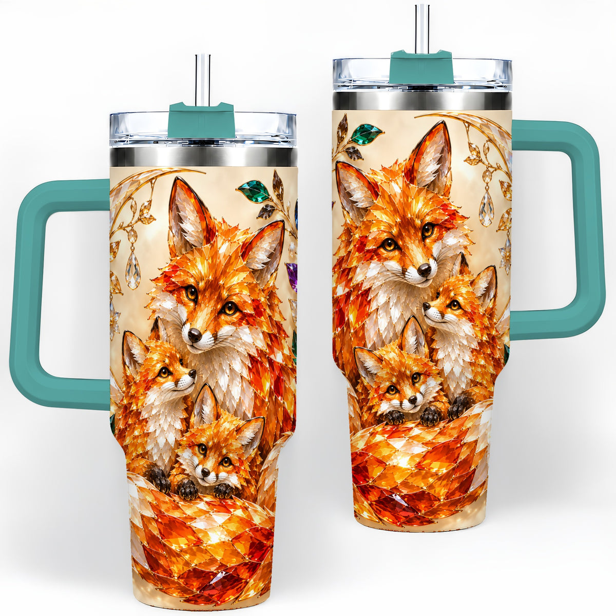 #pl[40oz|Green] Fox Family 40oz Tumbler, Colorful Woodland Crystal Style Artwork