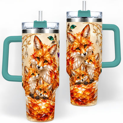 #pl[40oz|Green] Fox Family 40oz Tumbler, Colorful Woodland Crystal Style Artwork