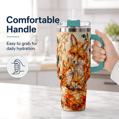 #pl[40oz|Green] Fox Family 40oz Tumbler, Colorful Woodland Crystal Style Artwork