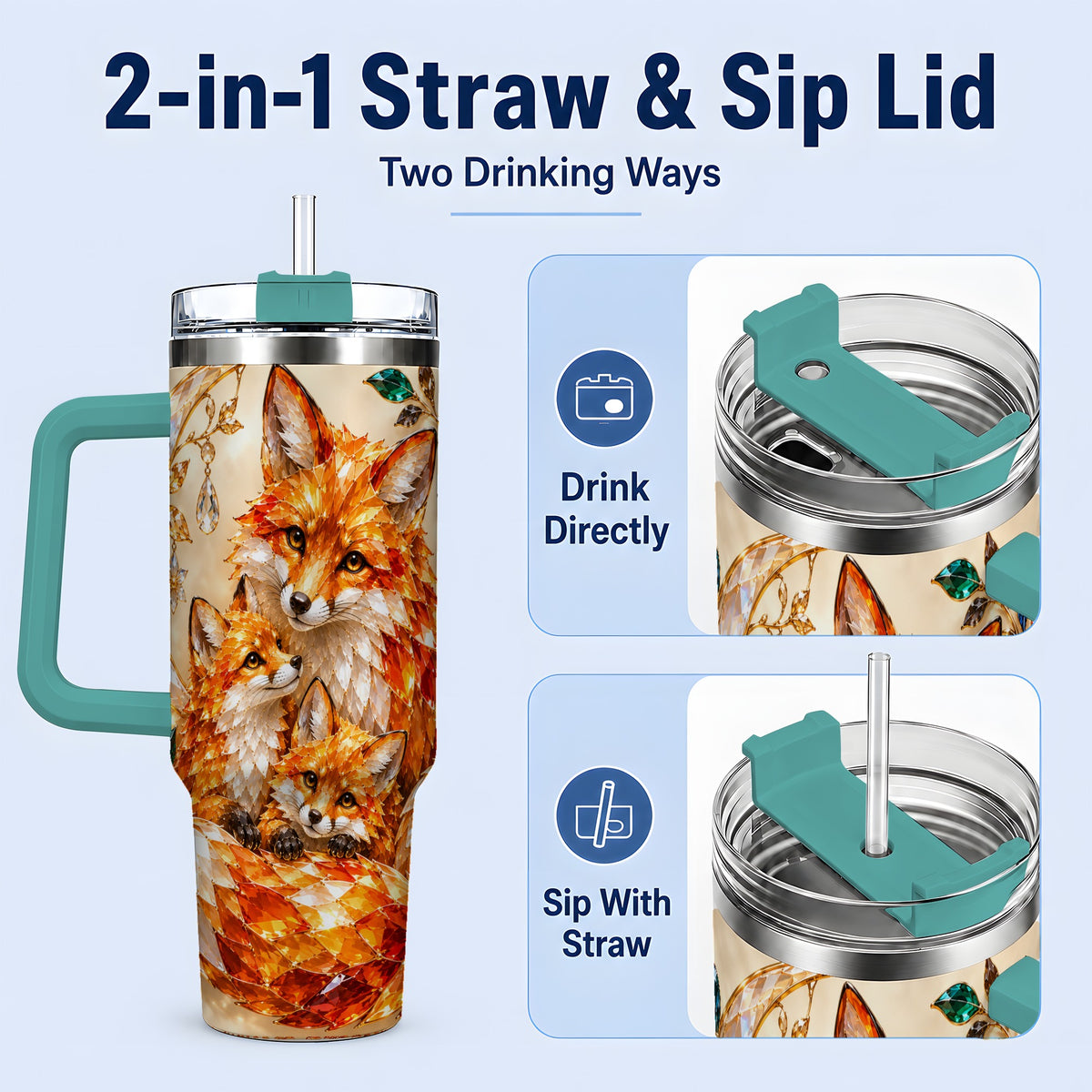 #pl[40oz|Green] Fox Family 40oz Tumbler, Colorful Woodland Crystal Style Artwork
