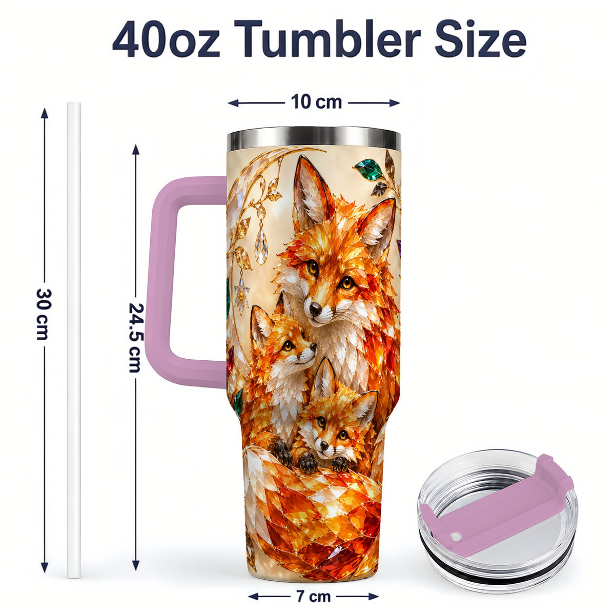 #pl[40oz|Pink] Fox Family 40oz Tumbler, Colorful Woodland Crystal Style Artwork