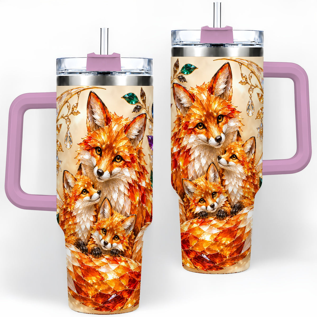 #pl[40oz|Pink] Fox Family 40oz Tumbler, Colorful Woodland Crystal Style Artwork