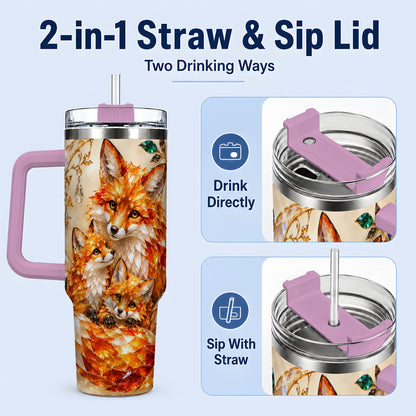 #pl[40oz|Pink] Fox Family 40oz Tumbler, Colorful Woodland Crystal Style Artwork