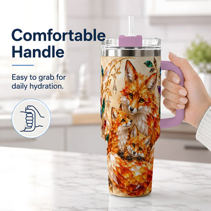 #pl[40oz|Pink] Fox Family 40oz Tumbler, Colorful Woodland Crystal Style Artwork