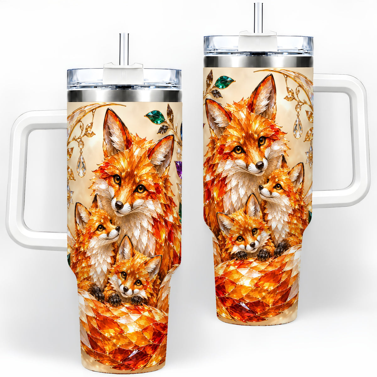 Fox Family 40oz Tumbler, Colorful Woodland Crystal Style Artwork