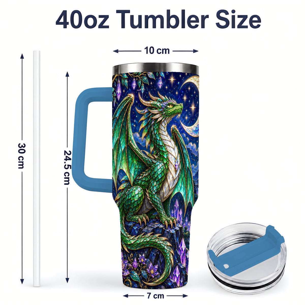 #pl[40oz|Blue] Fantasy Dragon 40oz Tumbler, Moonlit Emerald Crystal Style Art