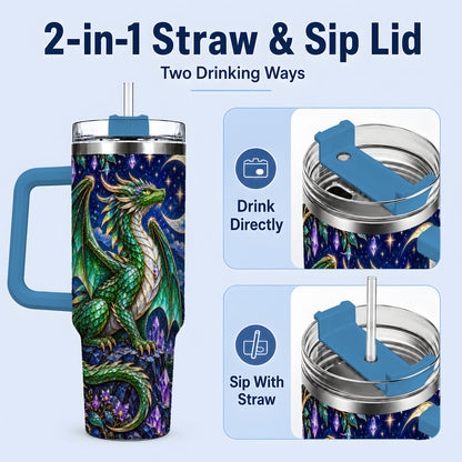 #pl[40oz|Blue] Fantasy Dragon 40oz Tumbler, Moonlit Emerald Crystal Style Art