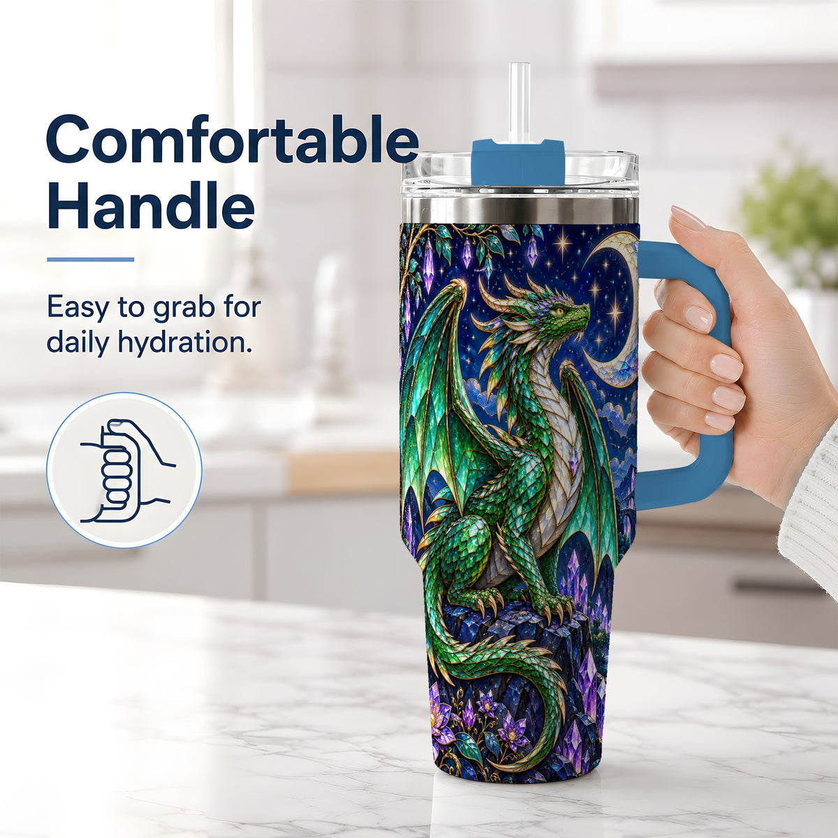#pl[40oz|Blue] Fantasy Dragon 40oz Tumbler, Moonlit Emerald Crystal Style Art