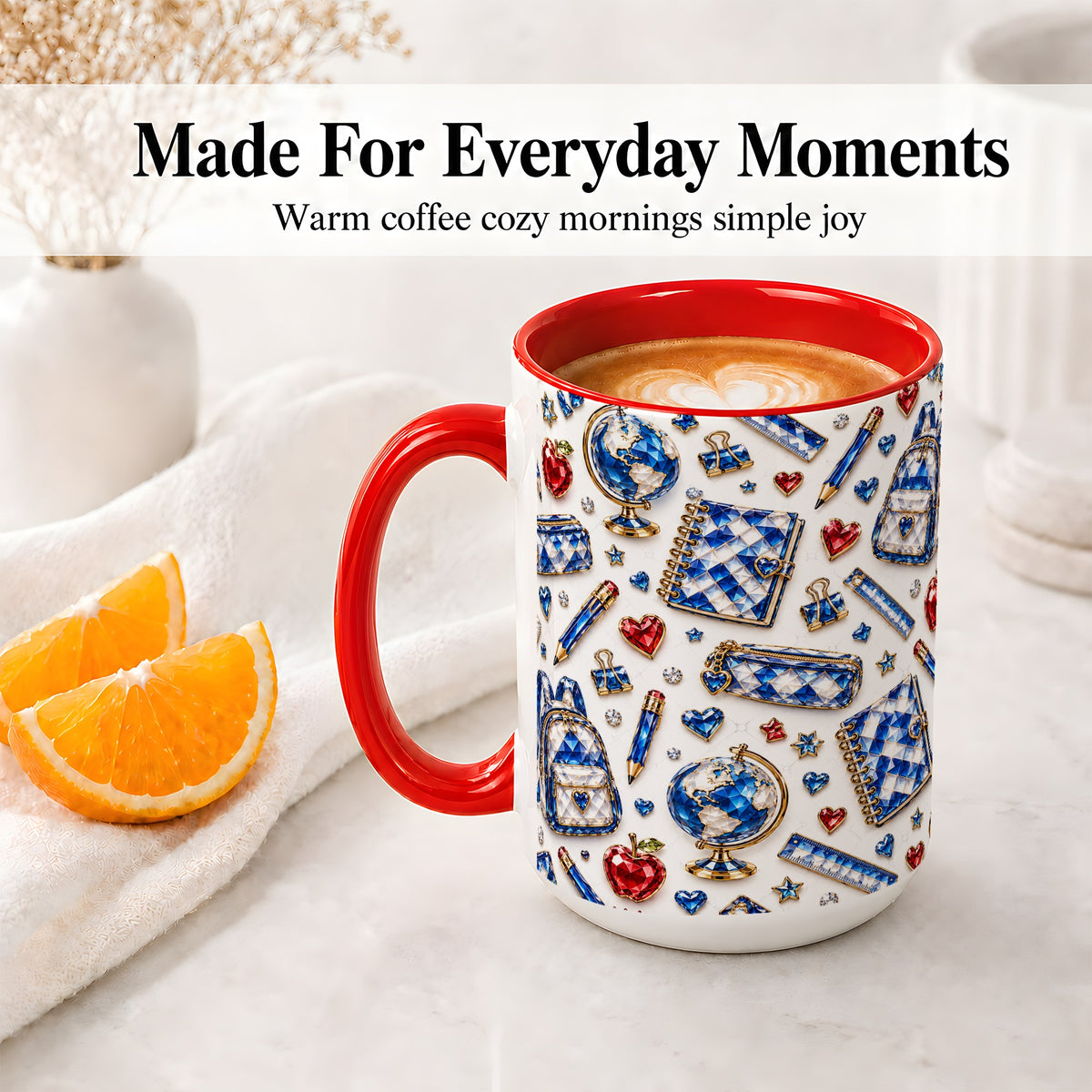 #pl[15oz|Red] School Supplies Pattern Ceramic Mug, Colorful Classroom Artwork