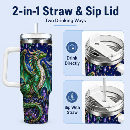 #pl[40oz|White] Fantasy Dragon 40oz Tumbler, Moonlit Emerald Crystal Style Art
