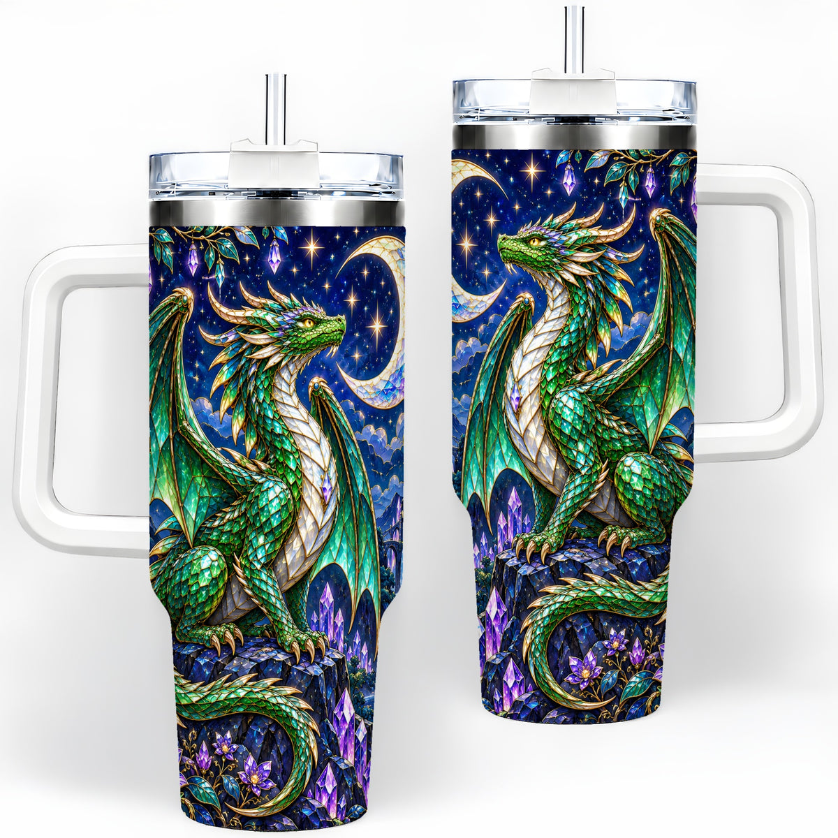 Fantasy Dragon 40oz Tumbler, Moonlit Emerald Crystal Style Art
