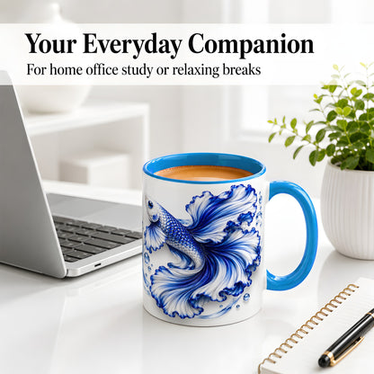 #pl[11oz|Blue] Blue Betta Fish Ceramic Mug, Flowing Fin and Water Bubble Artwork