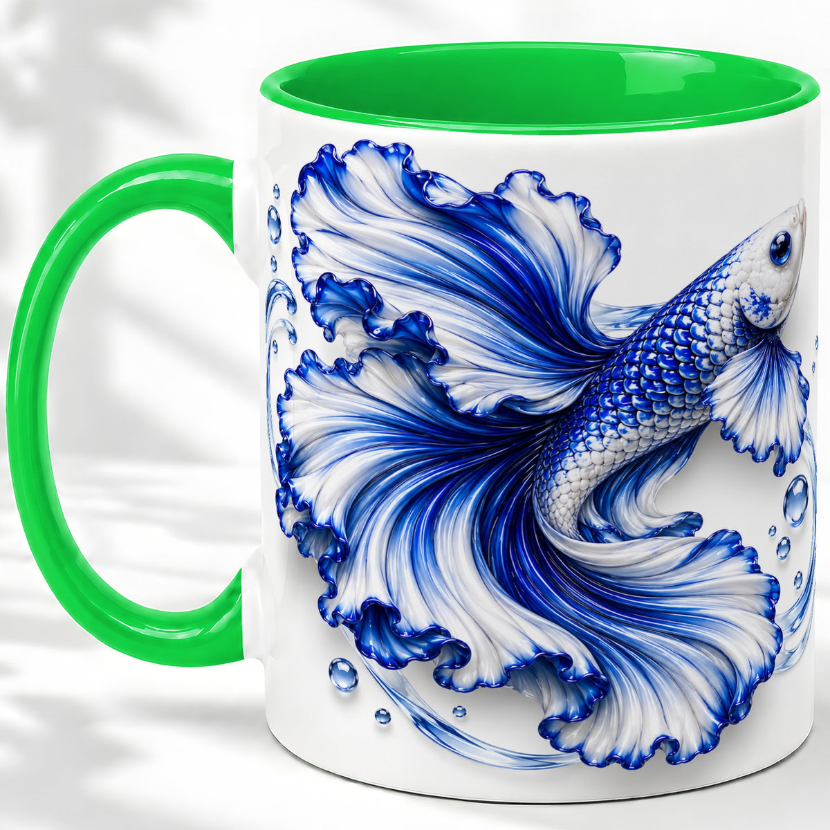 #pl[11oz|Green] Blue Betta Fish Ceramic Mug, Flowing Fin and Water Bubble Artwork