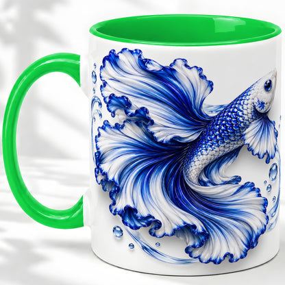 #pl[11oz|Green] Blue Betta Fish Ceramic Mug, Flowing Fin and Water Bubble Artwork