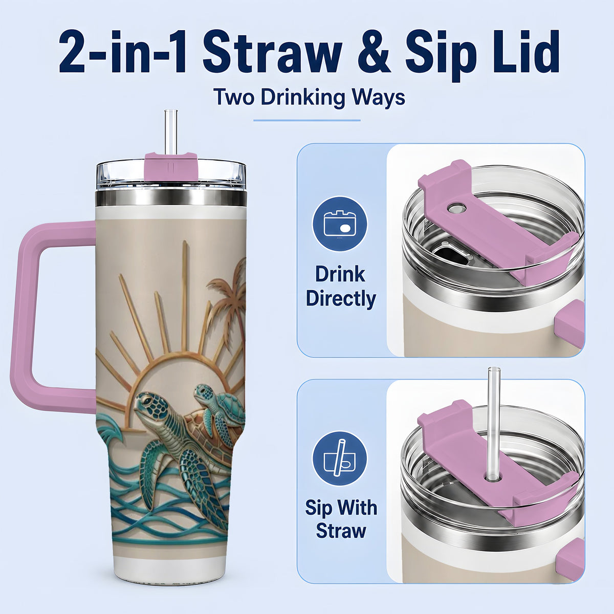#pl[40oz|Pink] Sea Turtle Tropical Tumbler, 40oz Tumbler with Coastal Ocean Artwork